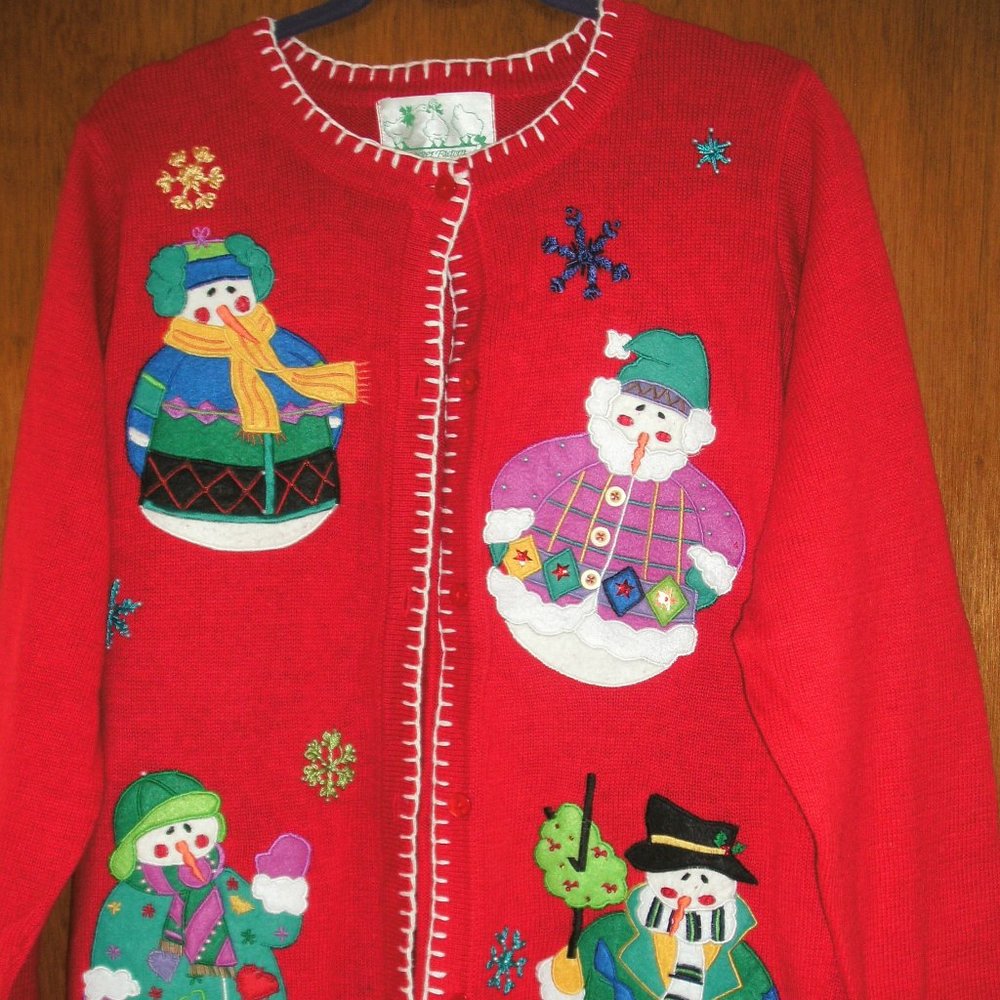 Quacker Factory Red Christmas Snowman Applique Cardigan Sweater Large